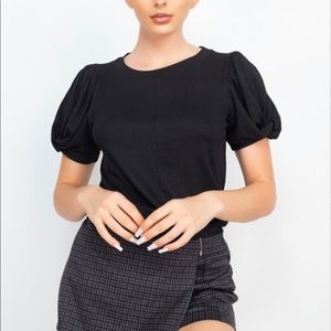 Haute Monde Women’s Twisted Puff Sleeve Ribbed Knit Top, Black Size Small